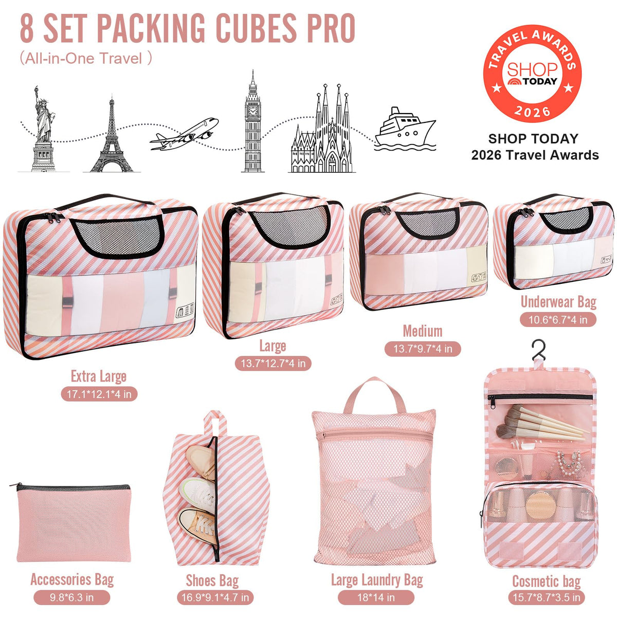 8 Set Packing Cubes for Travel Essentials, Suitcase Organizer Bags in 4 Sizes, Carry-On Luggage Accessories with Laundry Bag, Airplane Must Have, Gifts for Women Men