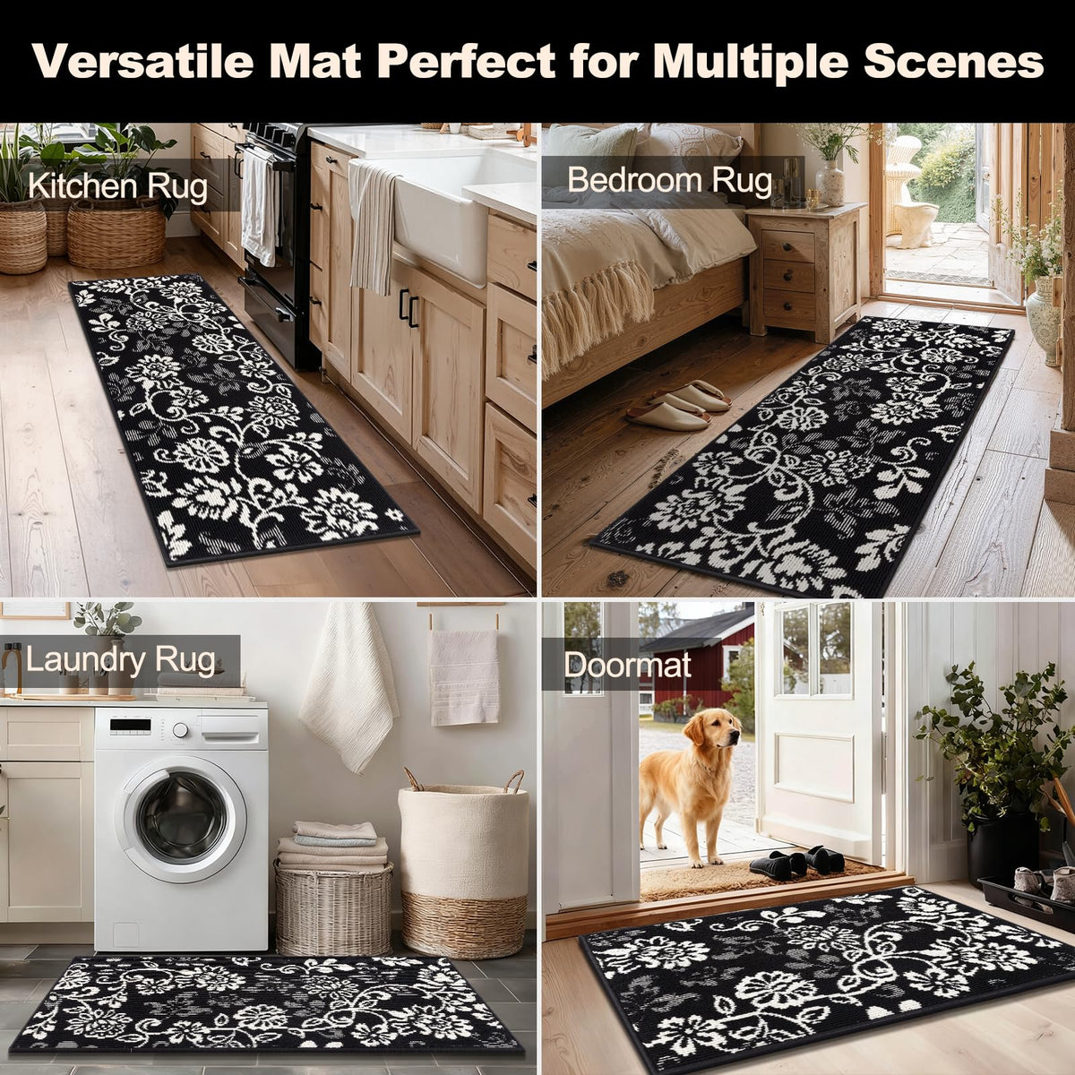 LOKHOM Boho Kitchen Rugs Sets of 3-Non Slip Stain Resistant Kitchen Mats for Floor, Paisley Floral Runner Carpet for Hallways Entryway Laundry Washable (Black & White 20"x32"+20"x48"+20"x59")