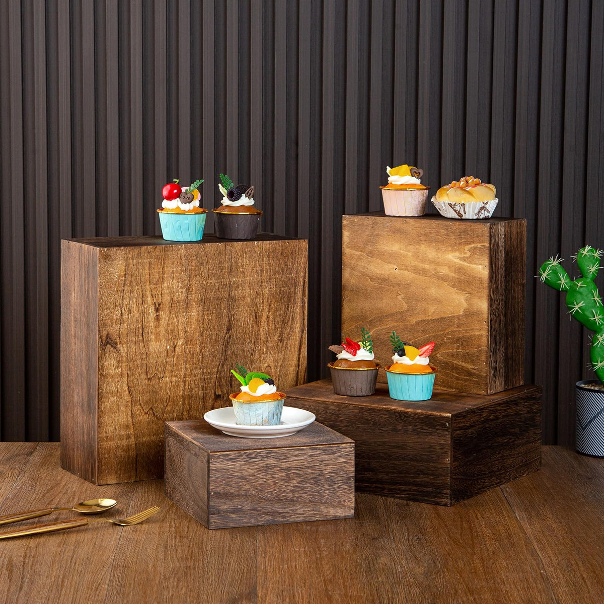 VDEHOM Vintage Brown Square Wooden Cake Stands For Display,Set Of 4 Wood Cupcake Stands Risers, 12 Inches Rustic Wood Crates For Wedding Cake Display, (Vintage Brown)