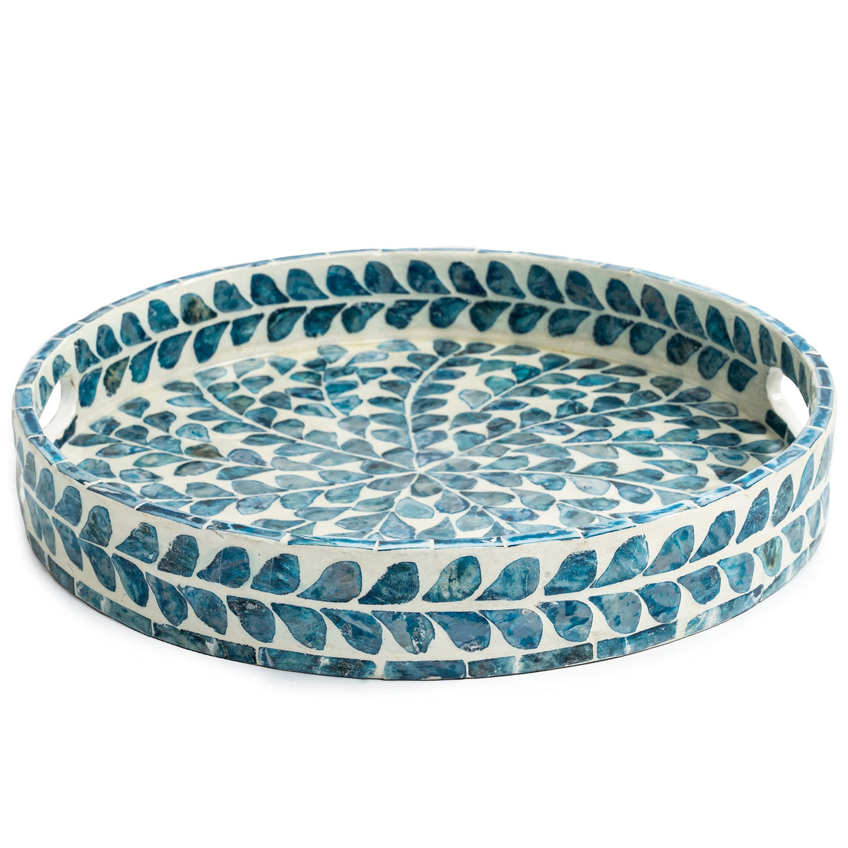 CLAYNIX Serving Tray 12.5 Inch, Lacquer Mother of Pearl Inlay Mosaic Tray, Round Wooden Marble Tray with Handles Trays for Tea, Breakfast (Leaf Style)