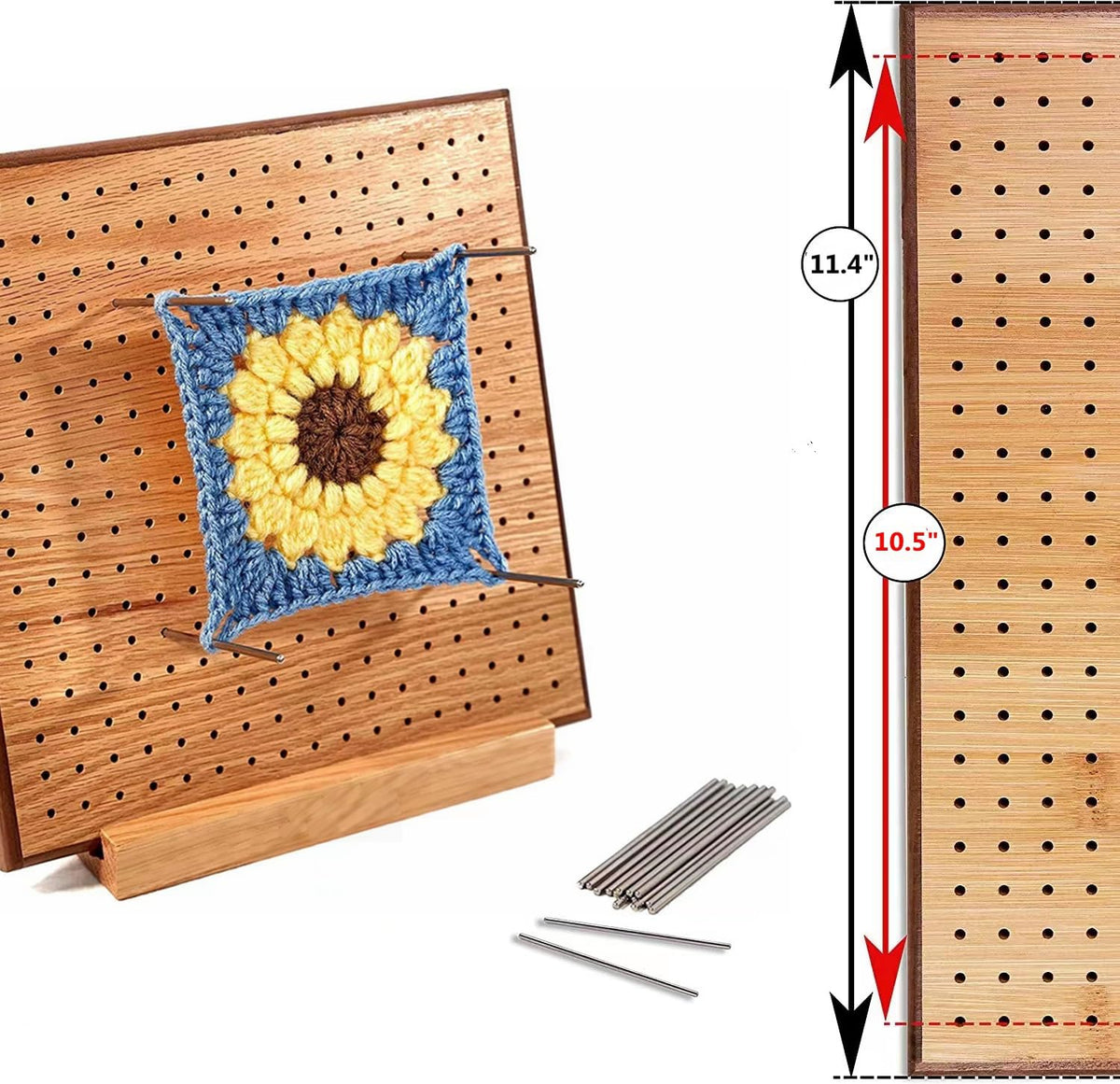 HONEYSEW 11.4" Crochet Blocking Board with 20 Pins/Pegs Handcrafted Mat for Crocheting Knitting Bamboo Granny Square Blocking Boards for Crochet Projects Wooden Crocheting Accessories