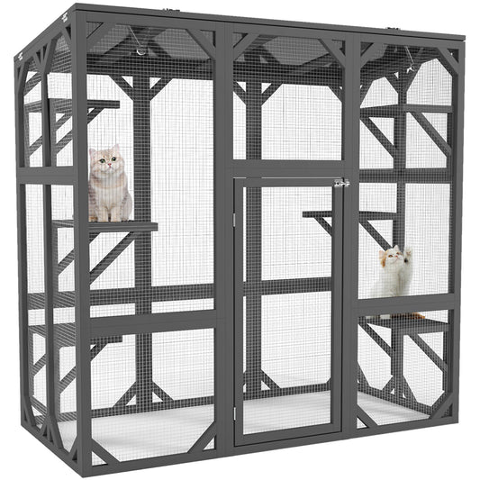 Ball & Cast 59" Wooden Catio Enclosure Outdoor Cat House with Anti-UV& Waterproof, Platforms and Resting Boxes Walk-in Cat Kennel Shelter for Indoor,Dark Grey