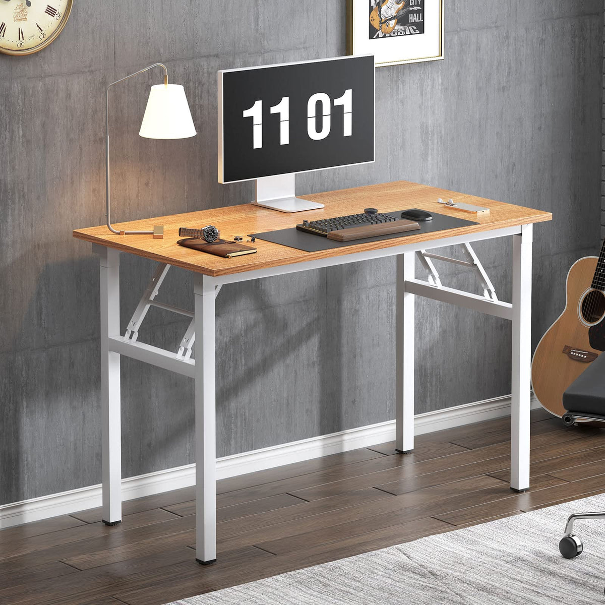 Need Folding Computer Desk - 39.4 Inch Foldable Office Writing Work Study Kids Student Teacher Home Bedroom Table for Small Space, Teak & White