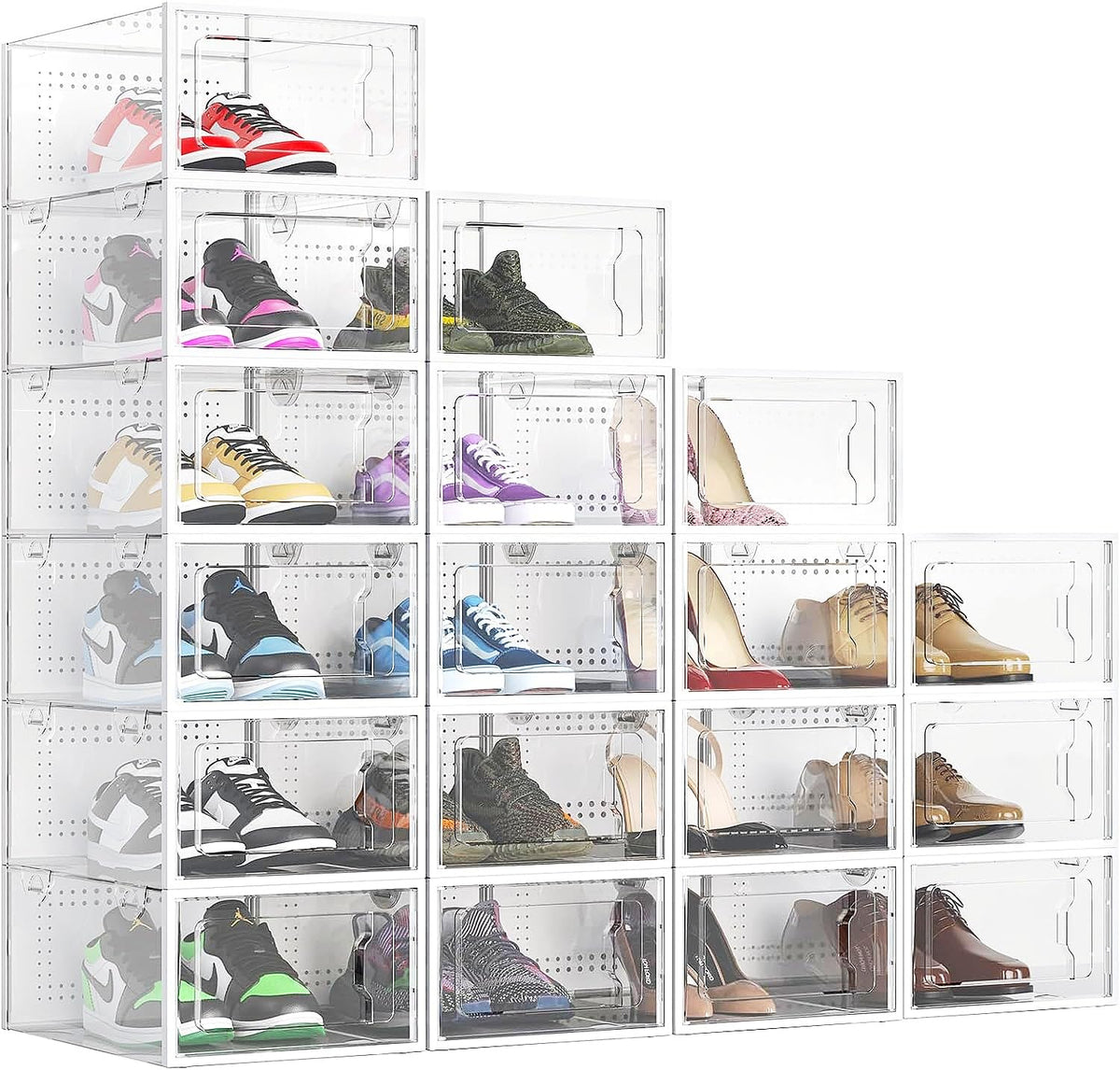 Elechomes Shoe Boxes Clear Plastic Stackable 18 Pack Premium Shoe Organizer Storage for Closet Foldable Shoe Rack Containers Sneaker Display Case Holder Shoe Bin Entryway Drawers Gifts