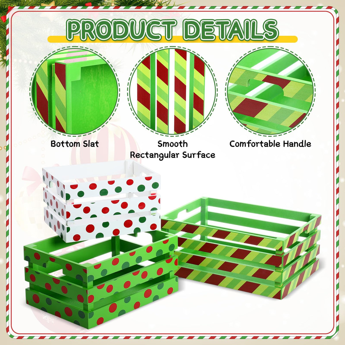 Novabright 3 Pcs Christmas Wood Crates 13'' 11'' 9'' Decorative Rustic Nesting Crate with Handle Farmhouse Wood Storage Basket Gift Boxes for Winter Display Candy Craft Pet Holiday Decor(Clean Style)