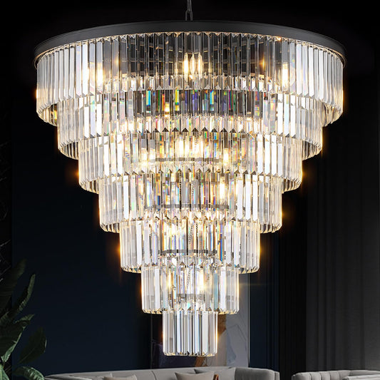 MERINEA Large Black Crystal Chandelier 36" Round Chandeliers for Staircase Modern 22 Lights 7-Tier Luxury K9 Crystal Ceiling Pendant Lighting Fixture for High Ceiling Living Room Foyer