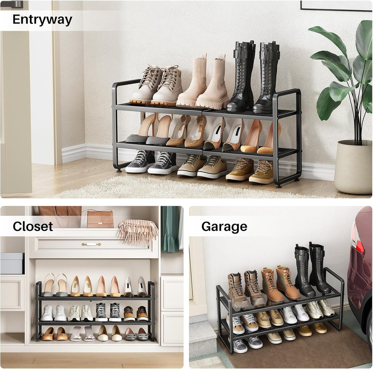SNTD Shoe Rack - Expandable Shoe Organizer with Adjustable Metal Shelves | Stackable 2-Tier Design in Black