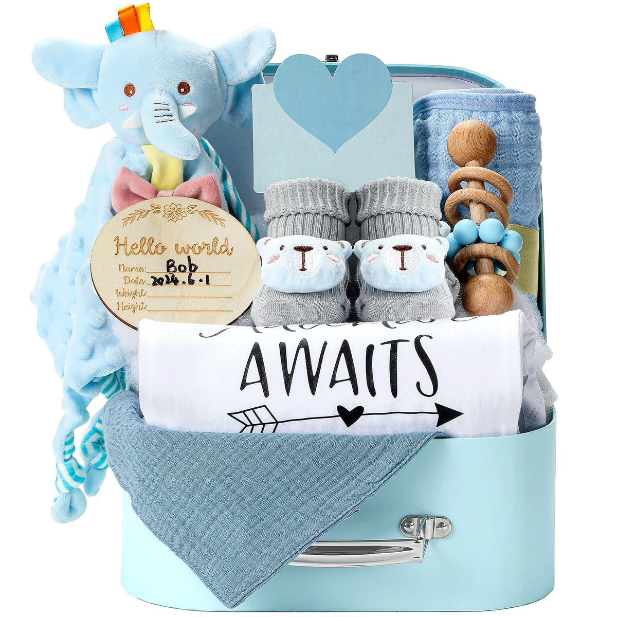 Baby Gift Set Baby Shower Gifts Basket for Newborns New Born Baby Boy Gift Set Blue Baby Gift Basket with Baby Rattle Muslin Towel Security Blanket Gender Reveal Gifts for Baby Girls Boys