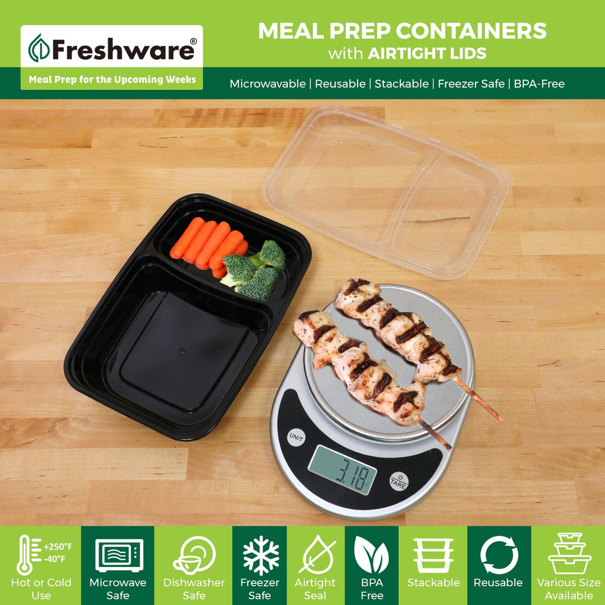 Freshware Meal Prep Containers [15 Pack] 2 Compartment with Lids, Food Storage Containers, Bento Box, BPA Free, Stackable, Microwave/Dishwasher/Freezer Safe (28 oz), Black