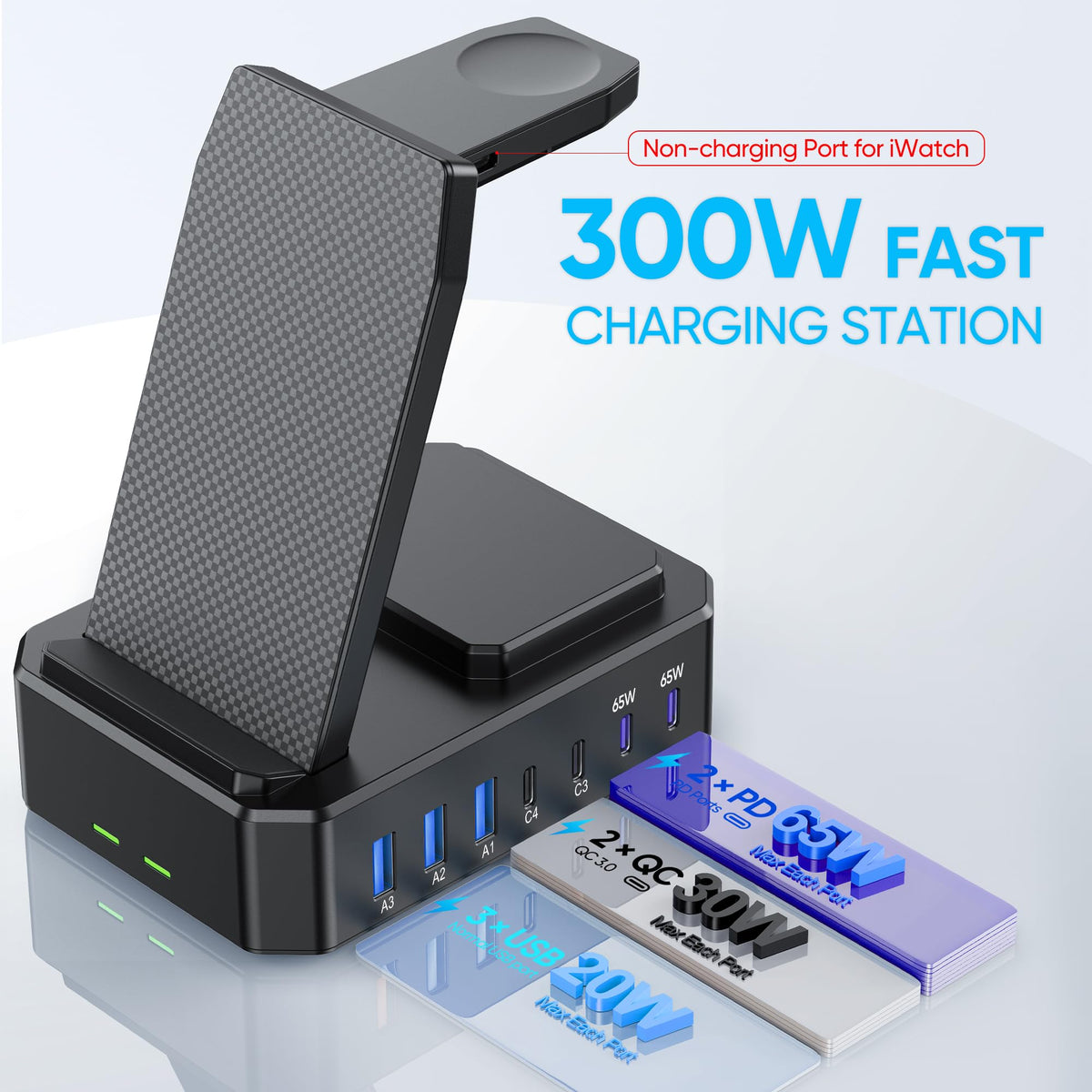 300W Charging Station for Multiple Devices Apple,10 in 1 Wireless Charger for iPhone,GaN III USB C 65W PD Fast Charging Stand Dock for MacBook,iWatch&Airpods (Wireless Charging Only for Apple)