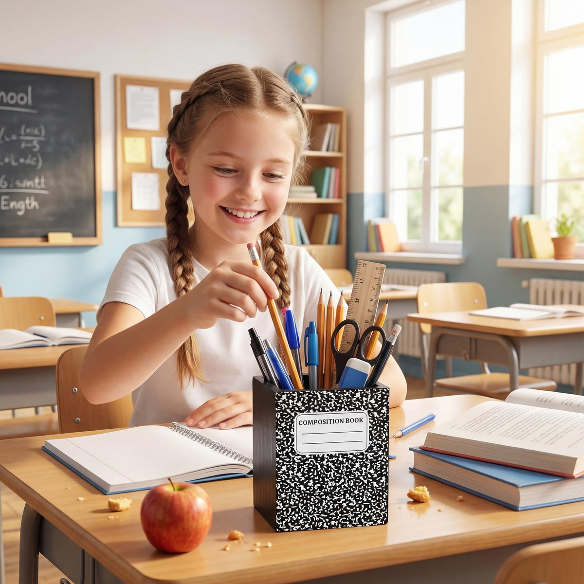 MALLMALL6 Composition Pencil Holder - Teacher Appreciation Gift Wooden Pen Holder, Back to School Square Shape Caddy Case for Teacher Student, Desktop Storage Organizer for Classroom Office Decor