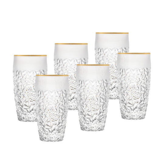 Barski - European Quality Glass - Crystal - Set of 6 - Highball - Hiball Tumblers - 16 oz. - Raindrop Design with Frosted Border and Gold Rim on Tumbler - Glasses are Made in Europe