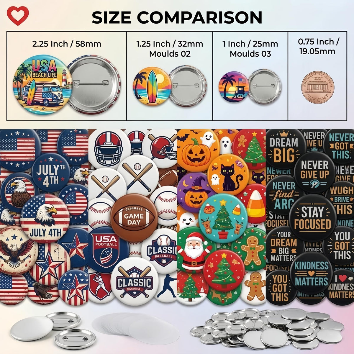 Mryitcal Button Maker Machine 1''+1.25''+2.25'' Pin Maker Button Press Machine w/ 300 Metal Pinback, 10 Fridge Magnet, 5 Badge Charm, 1 Cutting Mat, Badge Making Kit for Custom Badge, Party Favors