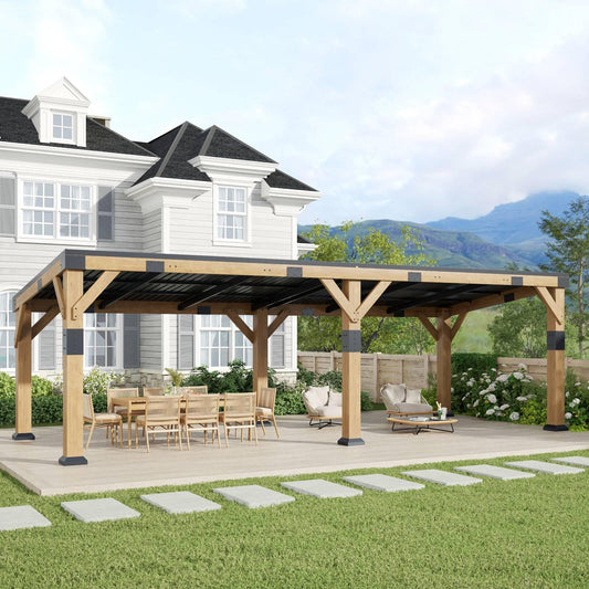 GOHONEI10x22 ft Cedar Wood Gazebo with Sloped Galvanized Steel Roof, Hardtop Gazebo Pavilion with Durable, Rot-Resistant Construction, Permanent Outdoor Pergola for Backyard, Garden & Deck
