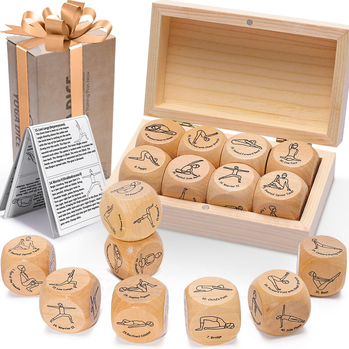 Garybank Yoga Dice in Wooden Gift Box with Practice Guide, 8 Workout Exercise Dice, Tons of Possible Combinations, Yoga Accessories Gifts for Beginners Women, Mindfulness Meditation Gifts,Fitness Dice