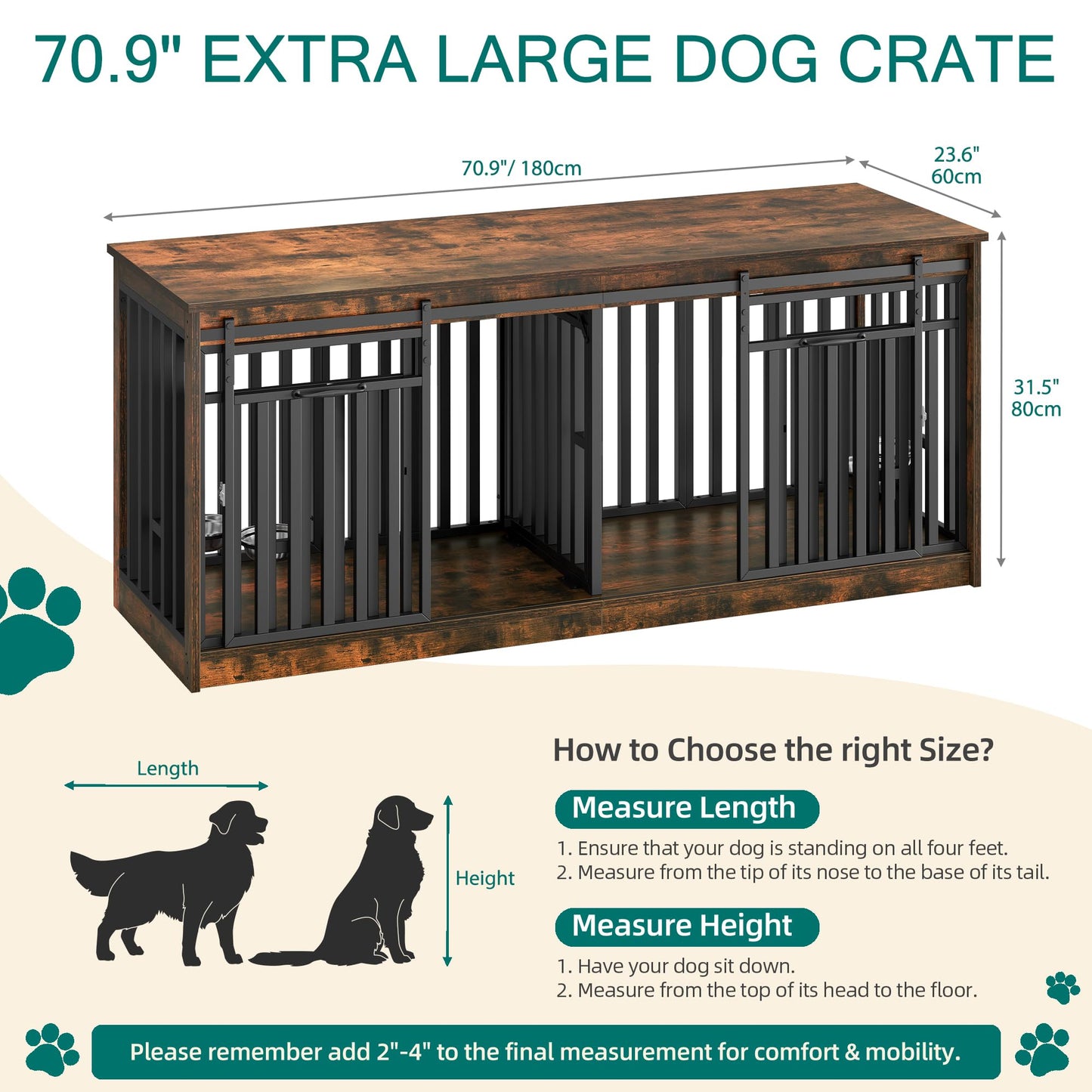 71 Inch Double Dog Crate Furniture for 2 Dogs, Heavy Duty Wooden Dog Crate TV Stand with 4 Dog Bowls, Dog Kennel Indoor Furniture Sliding Barn Door Design for Extra Large Dogs, Rustic Brown
