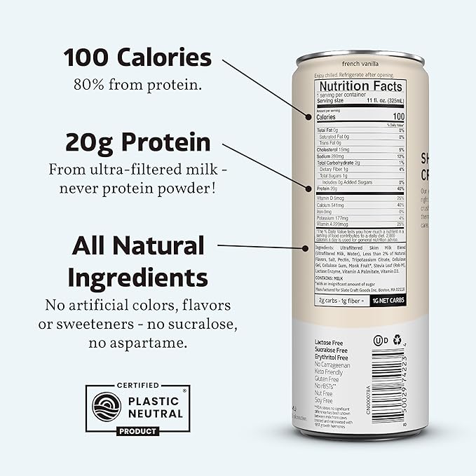 Slate Milk - High Protein Milk Shake - French Vanilla - Lactose Free, 20g Protein, 1g Sugar, 100 Calories, 1g Net Carbs, No Added Sugar - Natural, Breakfast Boost, Post Workout - 11 fl oz, 12 Cans
