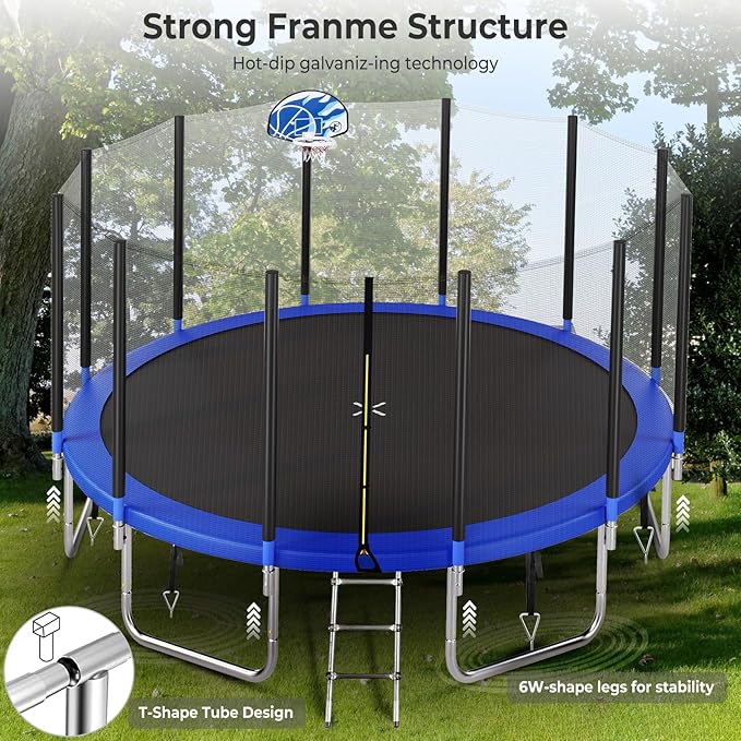 Upgraded 10/12/14/15/16FT Trampoline Outdoor, Large Kids Trampoline with Light, Stakes, Sprinkler, Backyard Trampoline with Basketball Hoop and Net, Capacity for 4-6 Kids and Adults