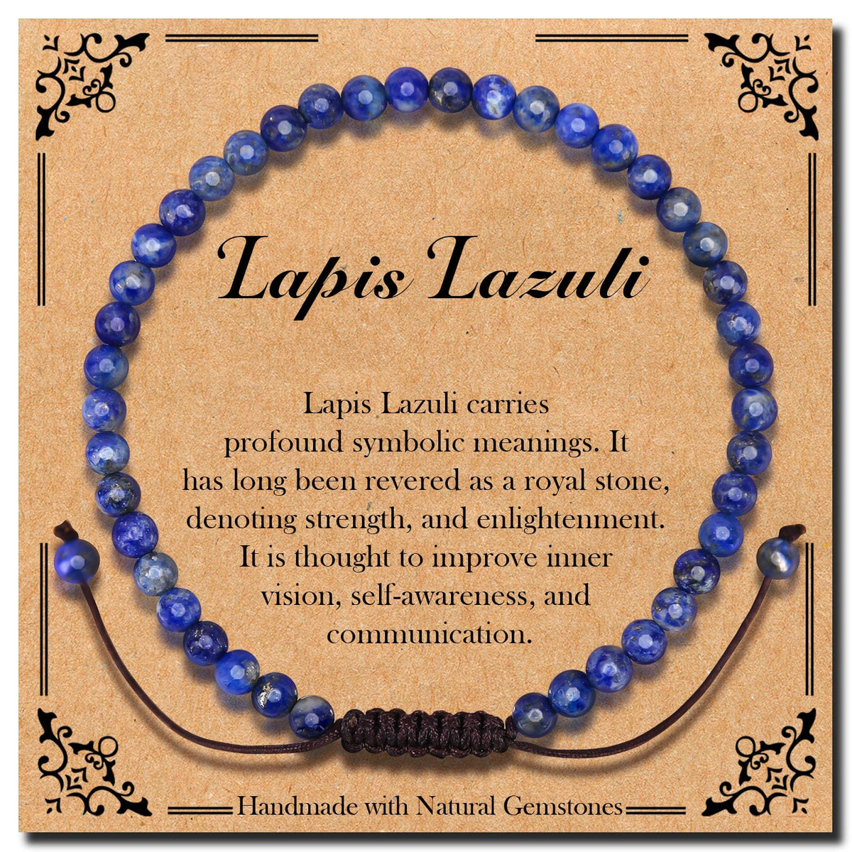 BONNY BOXX Braided Genuine 4mm Lapis Lazuli - Stone of Wisdom - Bracelet, Elegant Handcrafted Natural Gemstone Crystal Bracelet Healing Power Energy Inspirational Gifts with Card for Unisex