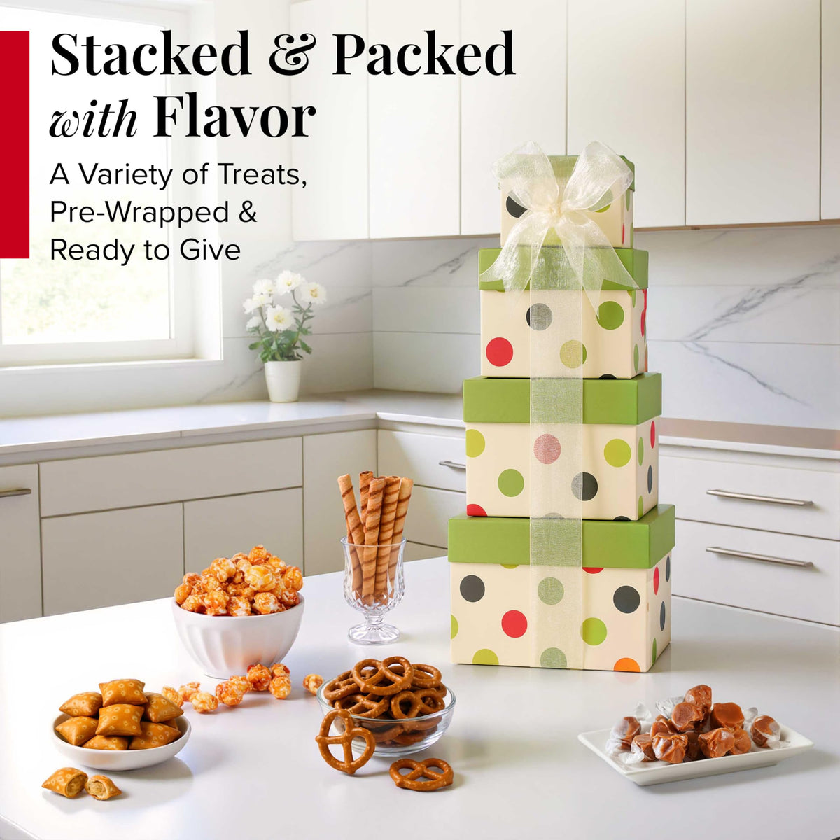 Broadway Basketeers Mother's Day Tower, gift basket with Sweet & Savory Treats, Thank You Gift for Mom, Birthdays, Holidays & Celebrations, Kosher