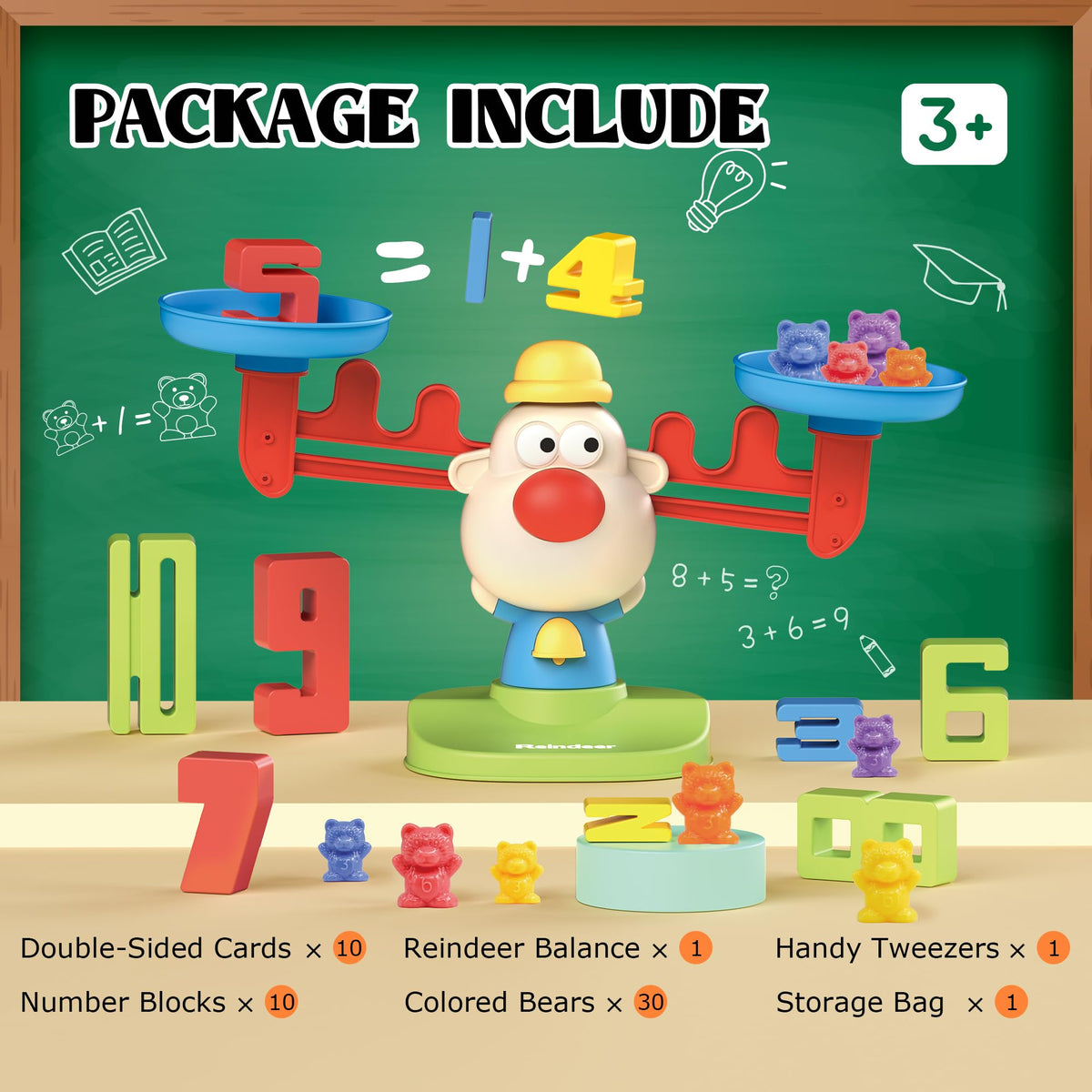 Bmag Balance Math Toys, 3 in 1 Counting Stacking and Balancing Math Learning Game for Kids, STEM Learning Activities Educational Toys with 30 Bears, 10 Numberblocks, 1 Tweezers, 11 Activity Cards