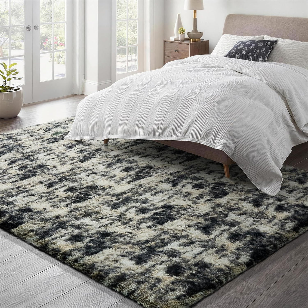 Ophanie Area Rugs - Fluffy Black, Gold & Grey Shag Carpet for Living Room | 5x7 Soft Plush Decor