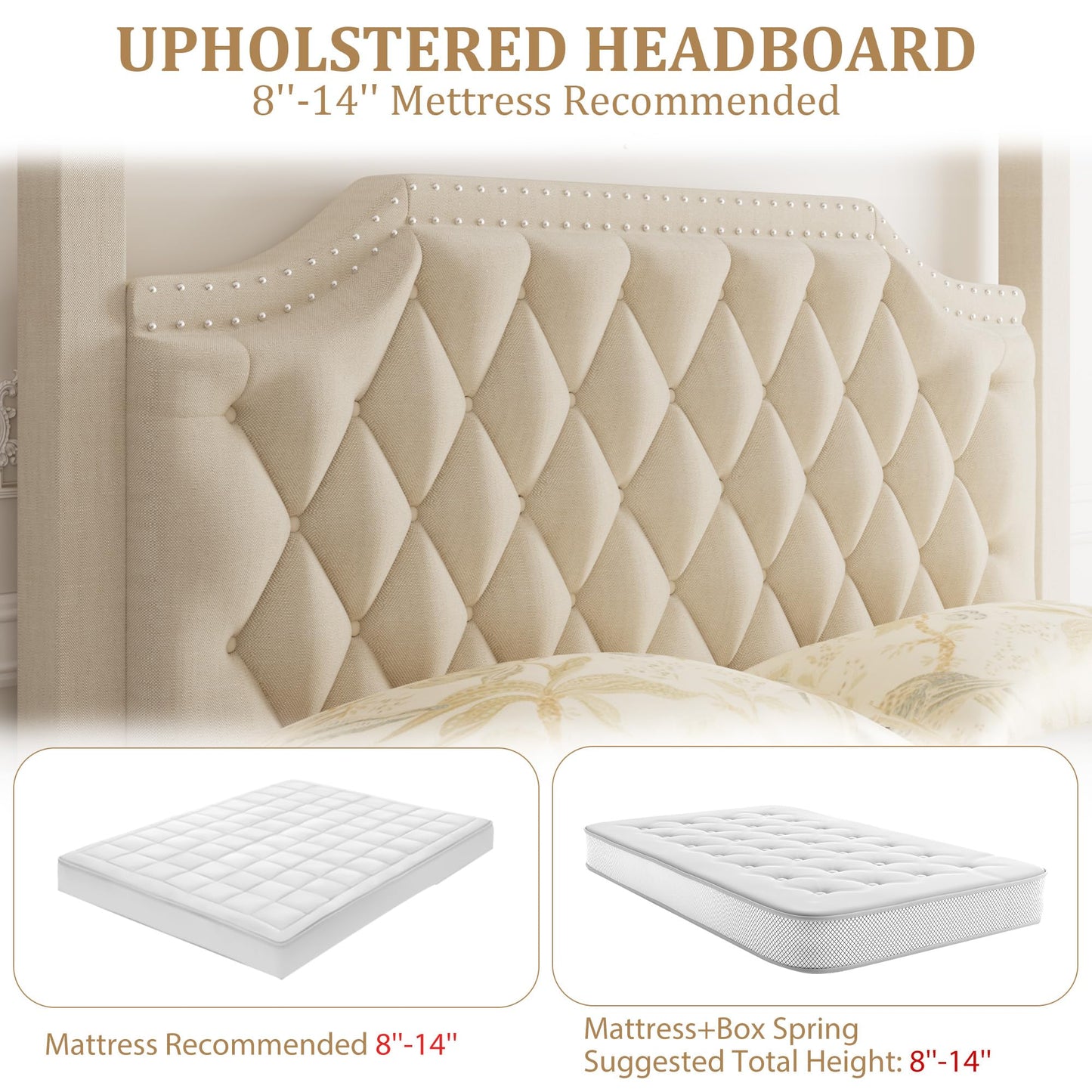 IDEALHOUSE Queen Size Canopy Bed Frame with Nailhead Decoration Headboard，Upholstered Bed Frame with Poles 4 Corner Bed Bracket,Solid Wood Slats Support,No Box Spring Needed,Noise Free,Beige