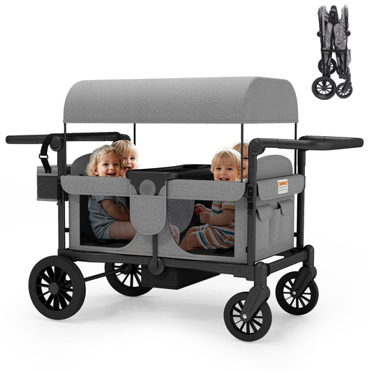 TOLEAD Wagon Stroller for 4 Kids, Foldable 4 Seats Outdoor Stroller Wagon with Canopy, Adjustable Handlebars, 5-Point Safety Harness, Detachable Tray, Portable Bag (Grey)