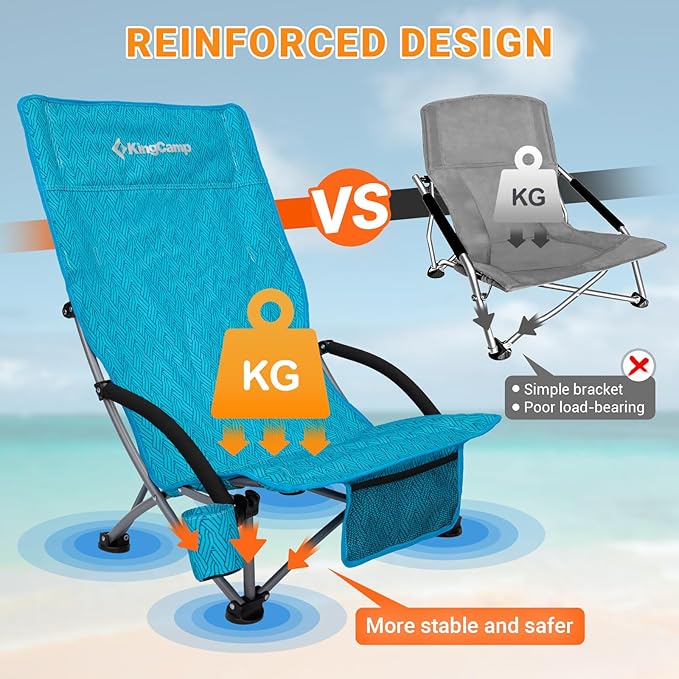 KingCamp Low Beach Chairs, Portable Folding Chair for Adults Extra Wide Ergonomic High Back Seat 300lbs Heavy Duty Lightweight Oversized Gear with Carry Bag for Outdoor Lawn Camping Picnic