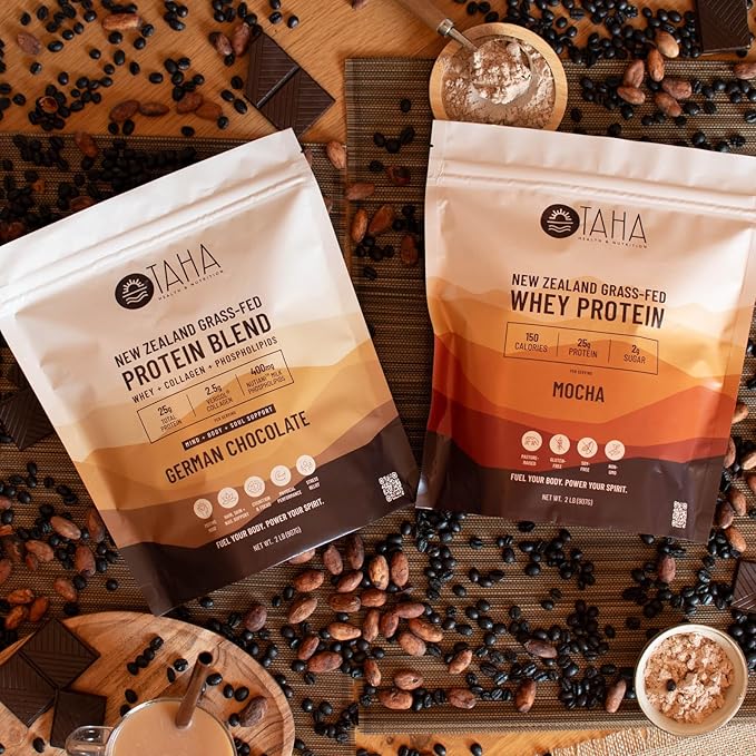 Taha Health & Nutrition Mind + Body Protein Blend ??German Chocolate | 25g Protein from Whey & Collagen + 400mg Milk Phospholipids | Grass-Fed, Free-Range New Zealand Dairy | 2LB