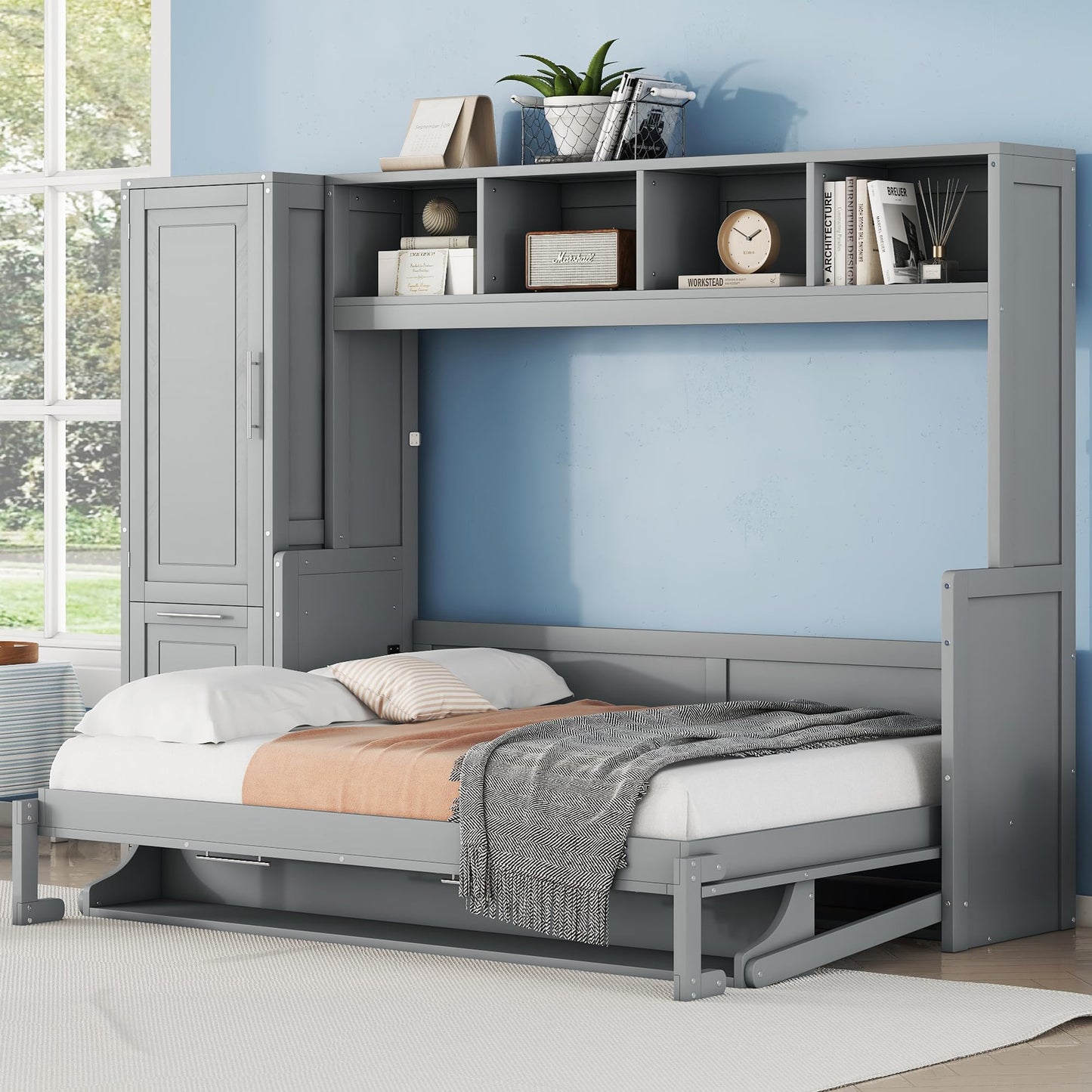 Merax Full Size Murphy Bed, Wall with Closet and Drawers, Storage Space Saving Muti-Functional Beds Frame for Home Office Guest Room, Gray