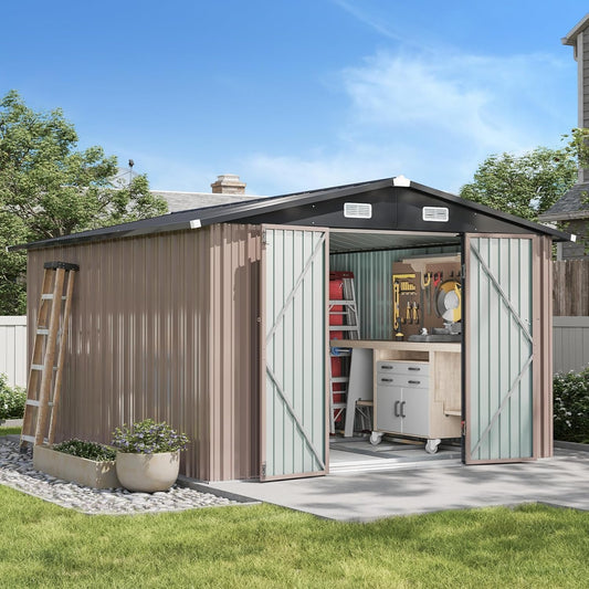 Aoxun 10x12 FT Galvanized Steel Outdoor Storage Shed with Base, Lockable Door & Sloped Roof, Metal Storage Shed Waterproof Tool Storage House for Garden, Backyard, Patio, Poolside (Brown)