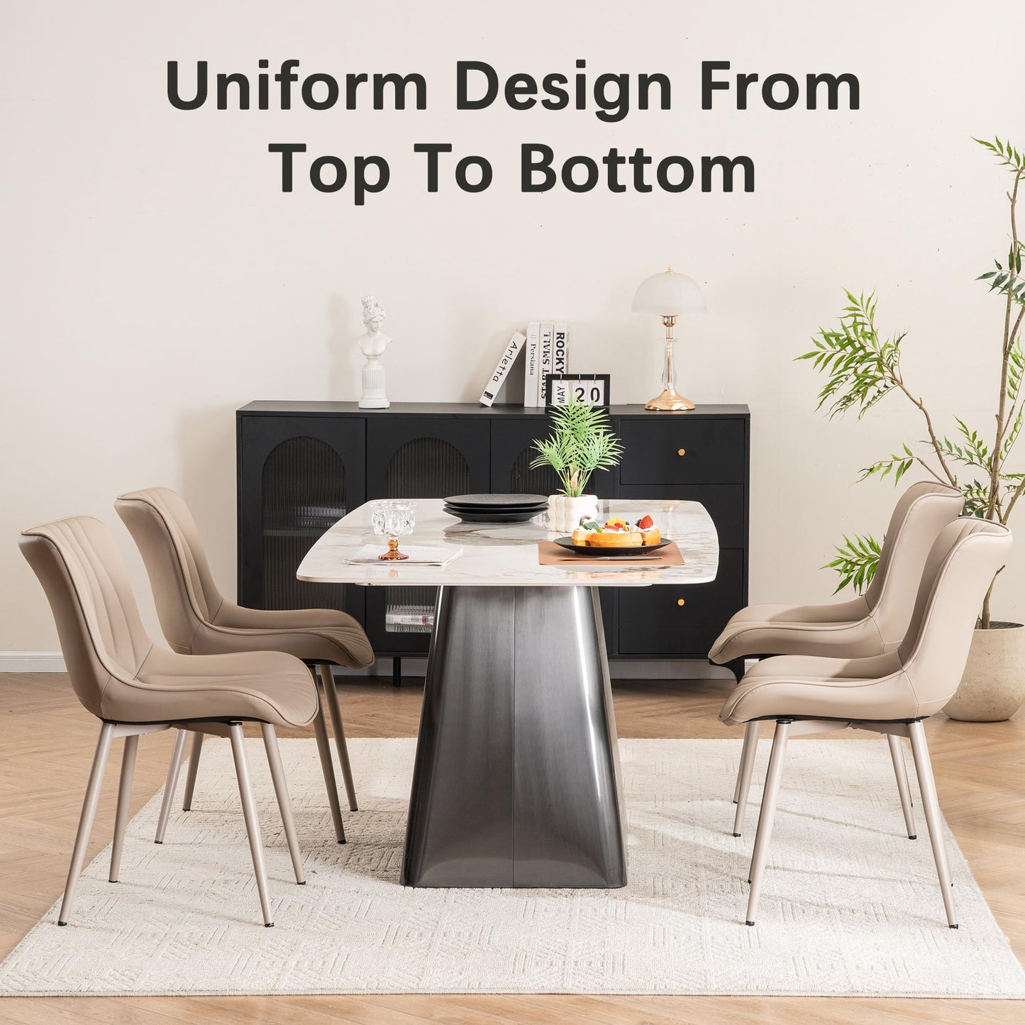 YOUTASTE Modern Upholstered Dining Chairs Set of 2, All Khaki Faux Leather Kitchen Chairs, Mid-Century Armless Accent Chairs with Metal Legs for Living Room, Bedroom