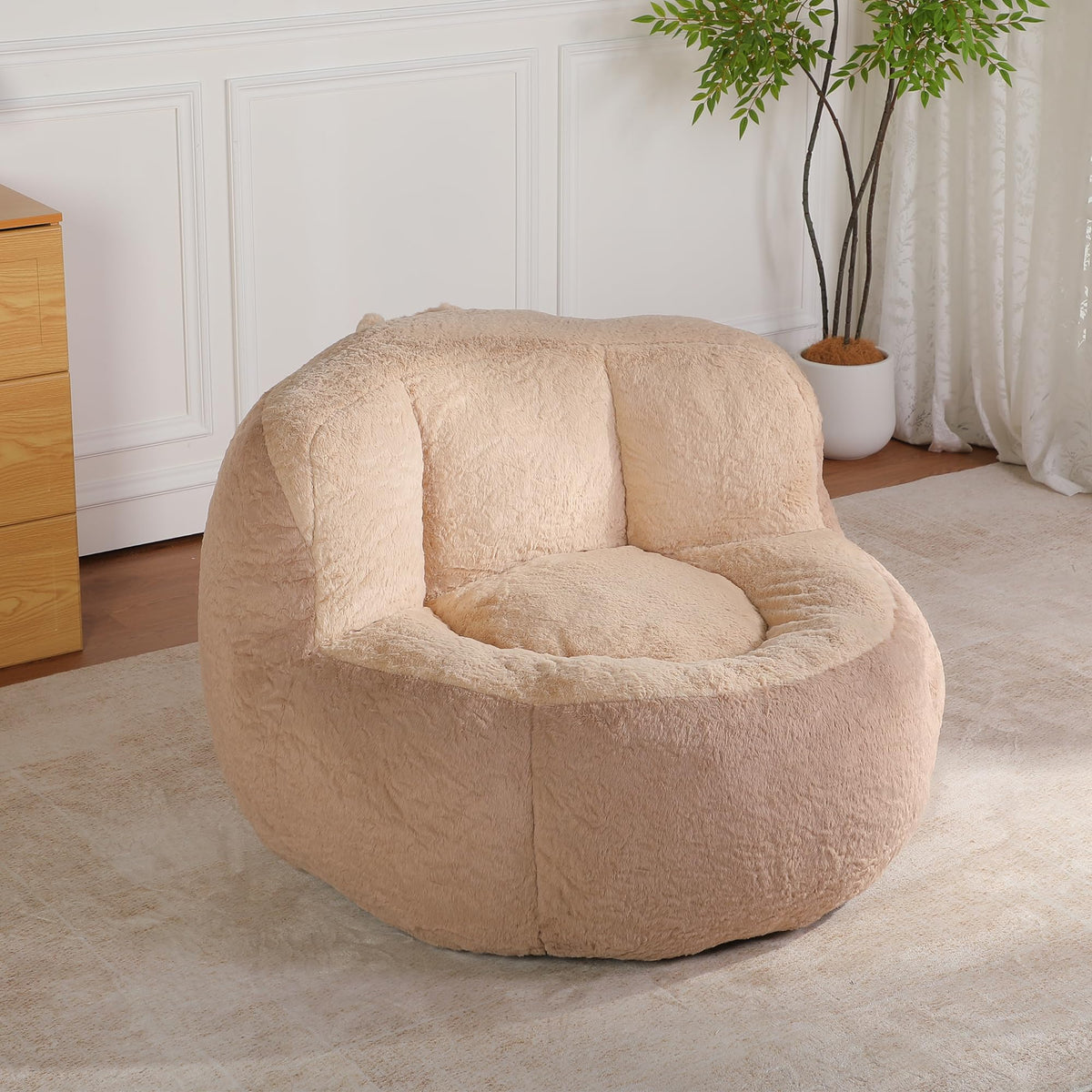 Amacv Oversized Bean Bag Chairs,Multicolor Faux Fur Couch Filled with Shredded Sponge,Large Lounger Sofa for Living Room,No Assembly Required,Brown+Camel