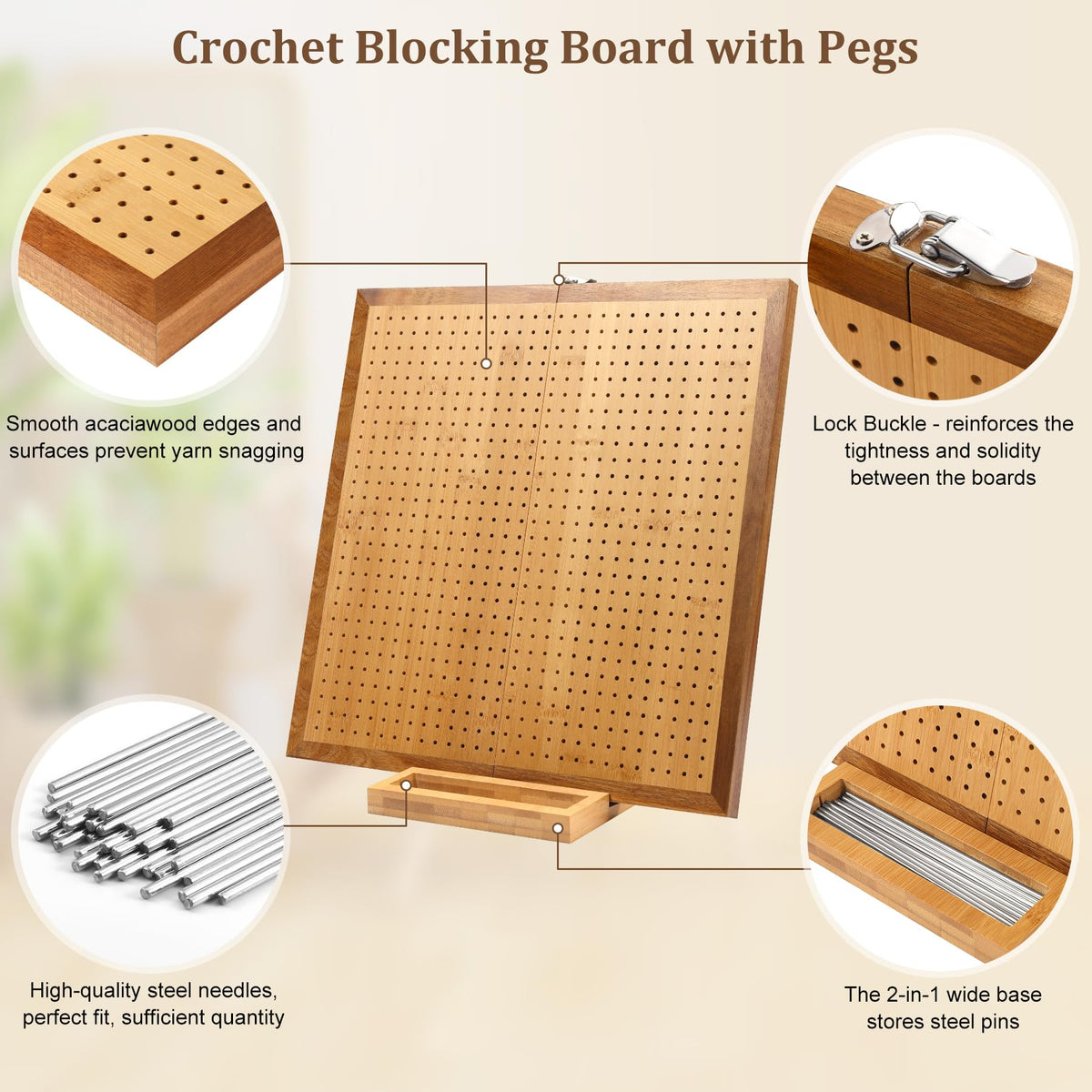 15.5" Foldable Crochet Blocking Board with 35 Stainless Steel Pegs - Upgrade Large Blocking Boards for Crochet Projects, Bamboo Granny Square Crocheting Accessories Gifts for Crocheters