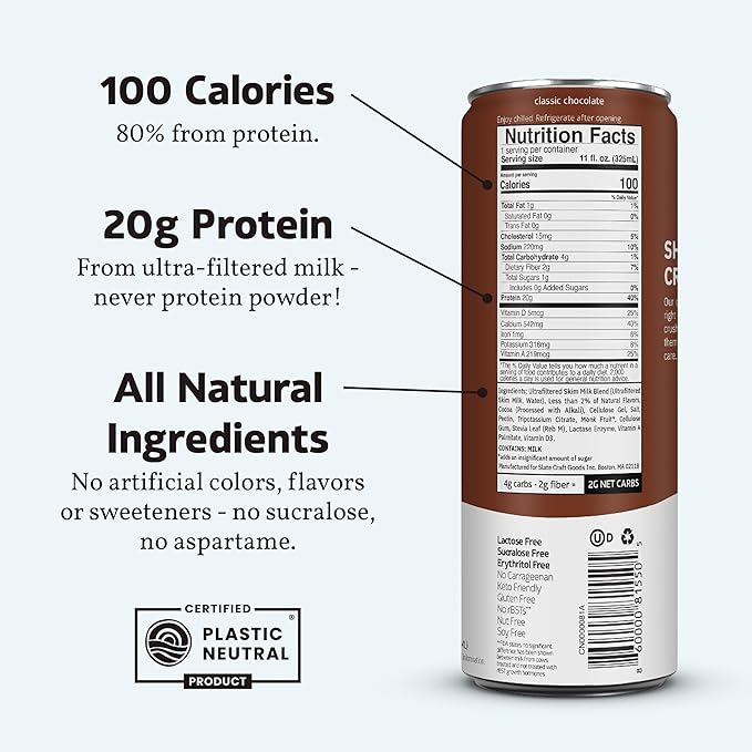 Slate Milk - High Protein Milk Shake - Classic Chocolate - Lactose Free, 20g Protein, 1g Sugar, 100 Calories, 2g Net Carbs, No Added Sugar - Natural, Breakfast Boost, Post Workout - 11 fl oz, 24 Cans