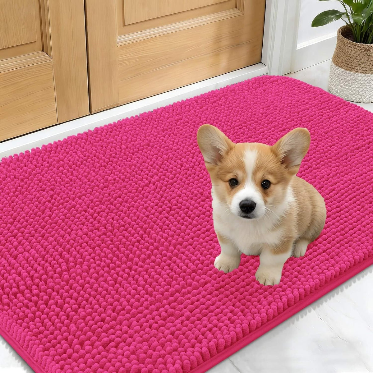 OLANLY Dog Door Mat - Absorbent Non-Slip Mud Mat for Dogs | Quick Dry Chenille, 30x17, Hot Pink