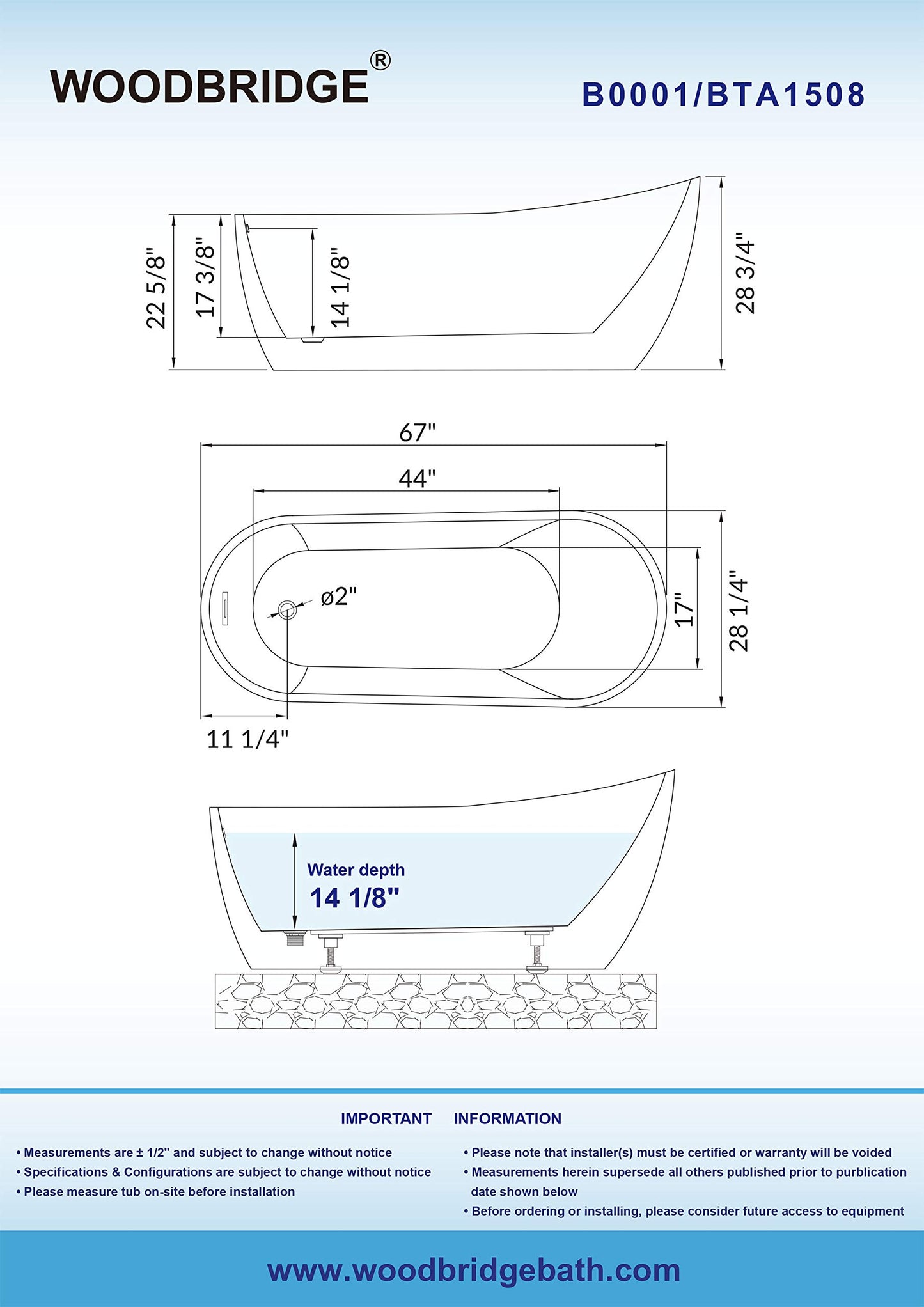 WOODBRIDGE 67" Acrylic Freestanding Bathtub Contemporary Soaking White Tub with Brushed Nickel Overflow and Drain，B-0001-BN