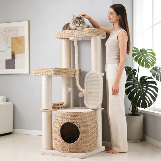 EMUST Luxury Modern Cat Tree Tower 50IN - Heavy-Duty Multi-Level Cat Condo with Extra-Large Hand-Woven Rattan Bed & Thickened Scratching Post for Indoor Cats Large Adult