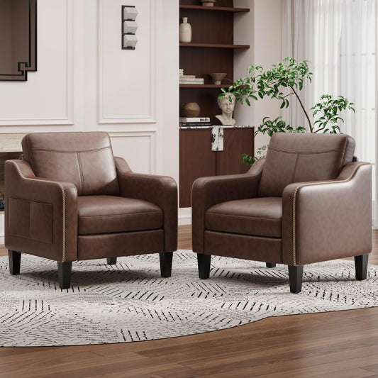 MALOL PU Leather Accent Chair Set of 2, Mid-Century Modern Living Room Armchair Sofa with Removable Cushions & Stitched Armrest Design, Bedroom Chair with Plastic Legs, Chocolate Brown