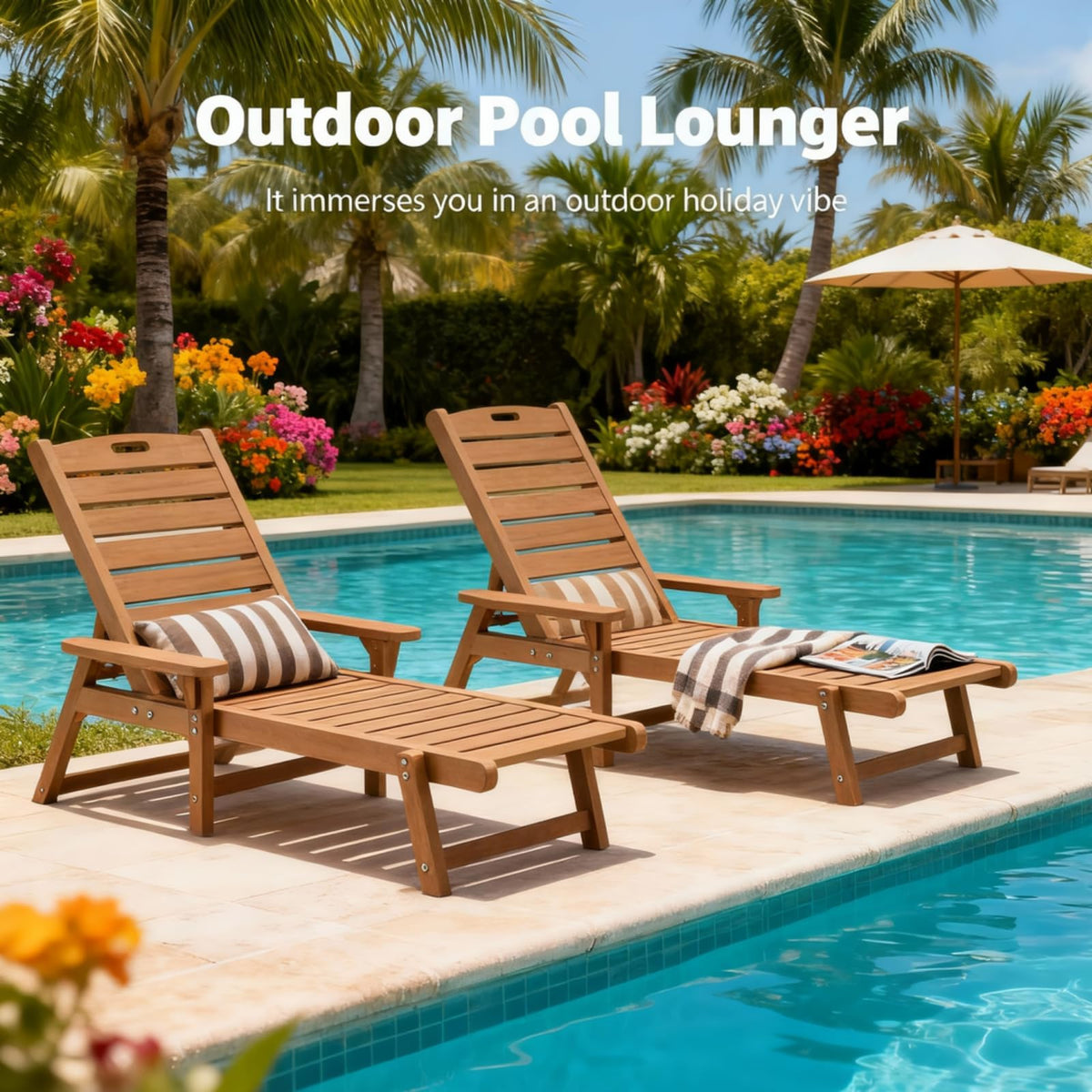 Psilvam Chaise Lounges Set of 2, Lounge Chairs with Adjustable Backrest, Supports Up to 350 lbs, All Weather Recliner Poly Lumber Lounges Bed for Poolside, Patio, Porch(Light Brown)