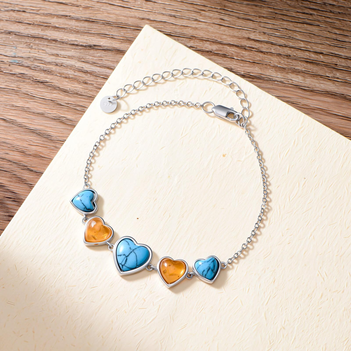 PEIMKO 925 Sterling Silver Heart Turquoise Amber Bracelet Southwestern Style Gifts for Women Mother