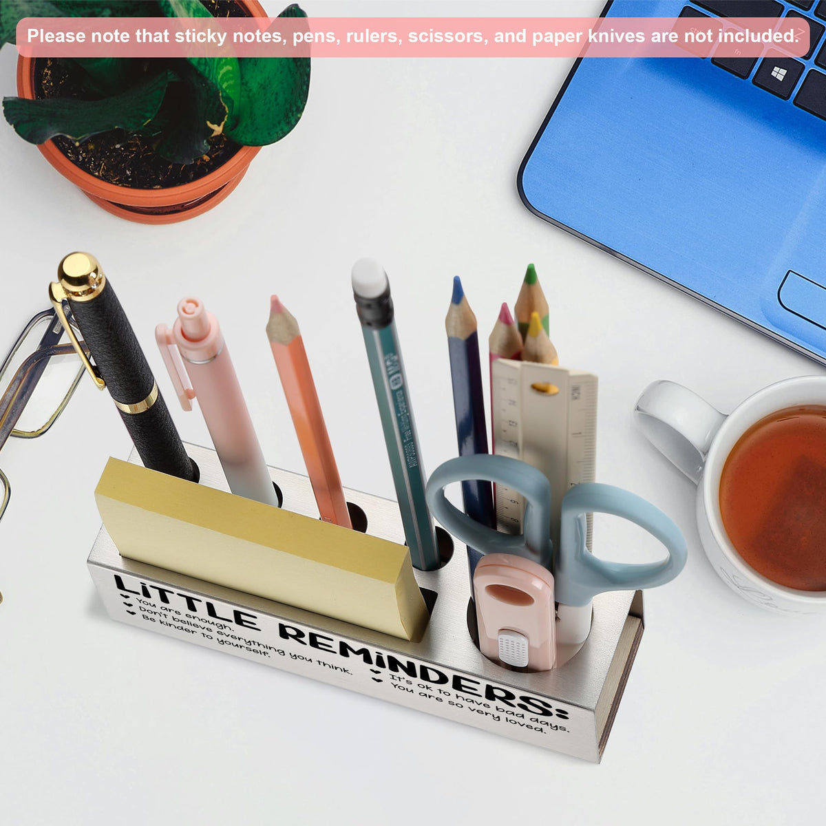 Inspirational Pencil Holder Desk Organizer with Little Reminders, Stainless Steel Office Supply Caddy for Women Men, Positive Message Teacher Coworker Gift, Laser Engraved Classroom Decor - FBA400