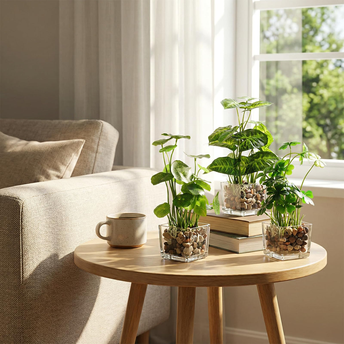 MyGift Set of 3 Fake Plants, Small Artificial Potted Plants Indoor in Clear Glass Pot, 9.5 Inch Faux Plant for Home Decor