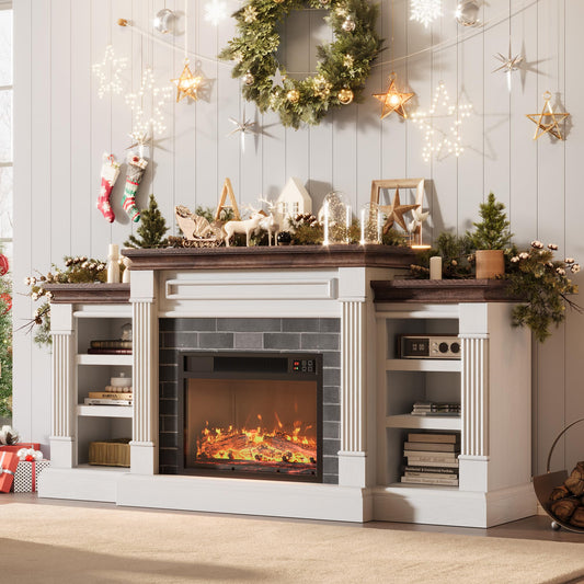 GarveeLife 71 Inch Electric Fireplace with Mantel, Fireplace TV Stand for TVs Up to 80 Inch, Modern Entertainment Center with Storage, Stacked Stone Surround with Remote Control 3D Flame, White