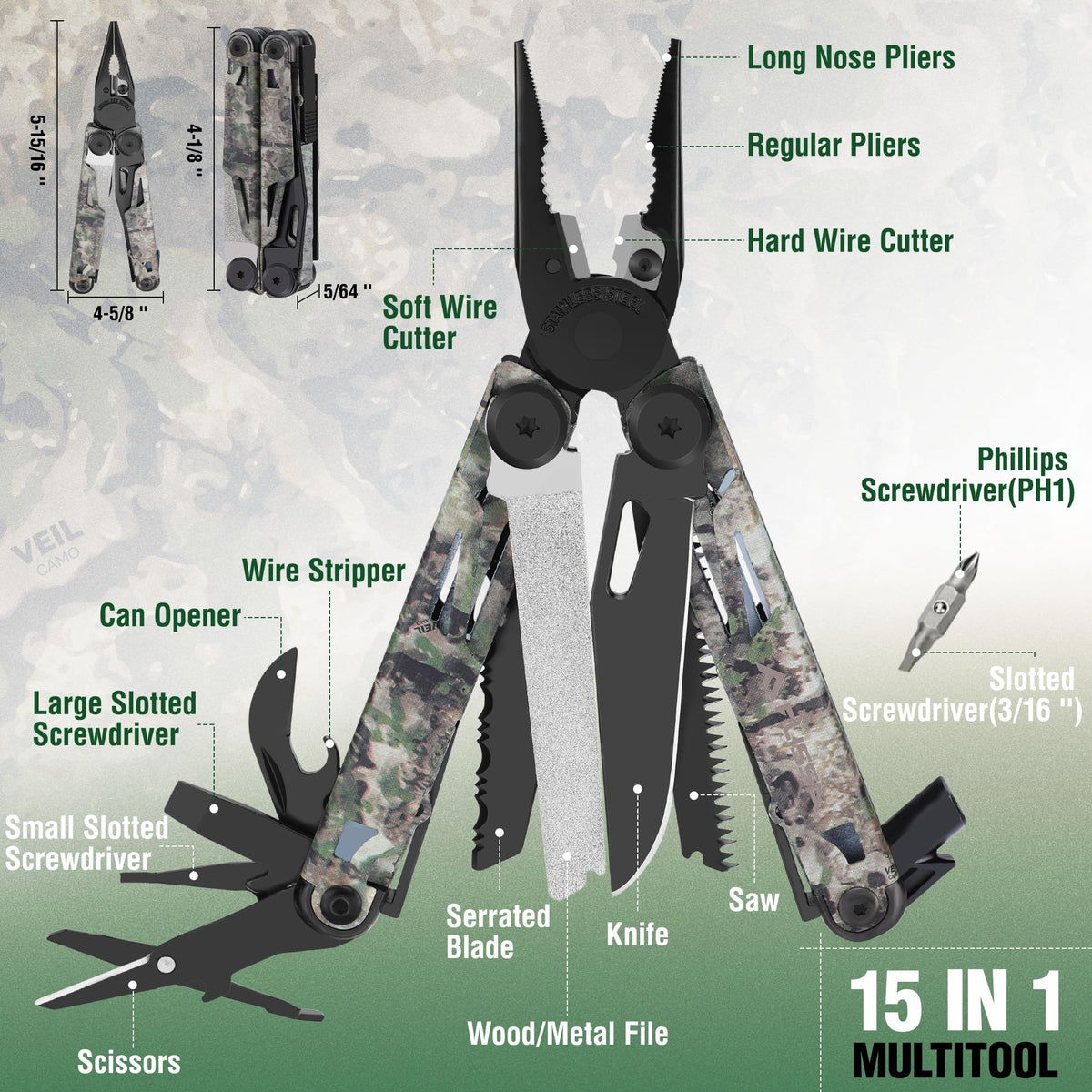 FLISSA Multitool, 15-in-1 Multi Tool Pocket Knife with Sheath, Stainless Steel EDC Multitool Pliers for Men, Camo All-in-One Tools for Camping, Fishing, Survival