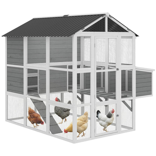 PawHut 77" Large Chicken Coop for 6-8 Chickens, Outdoor Wooden Hen House Poultry Cage with Run, 3 Nesting Boxes, Waterproof Roof, Removable Tray, Ramp for Farm Backyard, Gray
