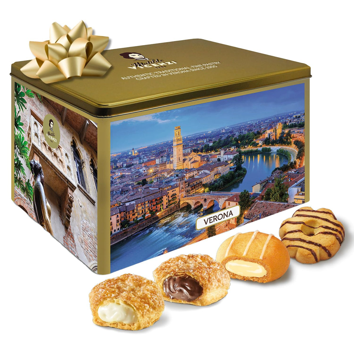 Matilde Vicenzi Verona Gift Tin - Assortment of Italian Pastries and Cookies - Gourmet Gifts for Mother's Day, Birthday and Every Special Occasion - Assorted Cookies in Italian Design Tin 32oz (907g)