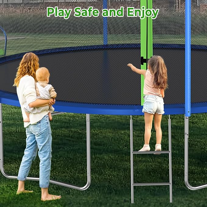 12FT 14FT Trampoline with Slide and Swings, ASTM Approved Outdoor Trampoline with Basketball Hoop and Ladder, Capacity for 5-7 Kids and Adults