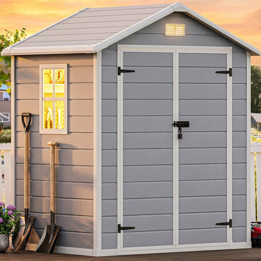 DWVO 6x4.4 FT Resin Storage Shed with Reinforced Floor, Outdoor Storage Shed with Lockable Door, Window and Vents, Waterproof Plastic Tool Storage for Garden, Backyard, Patio, Lawn